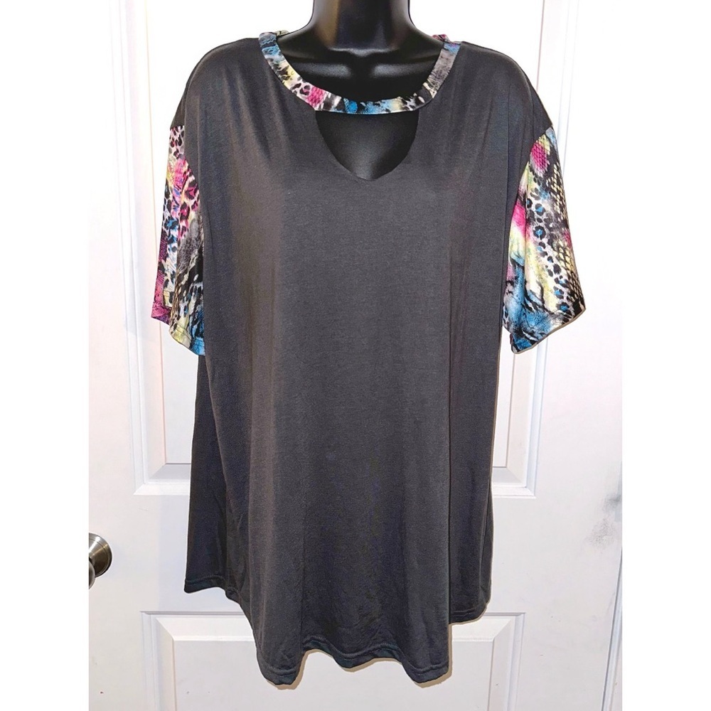 Grace & Emma dark grey with vibrant snake print accents top